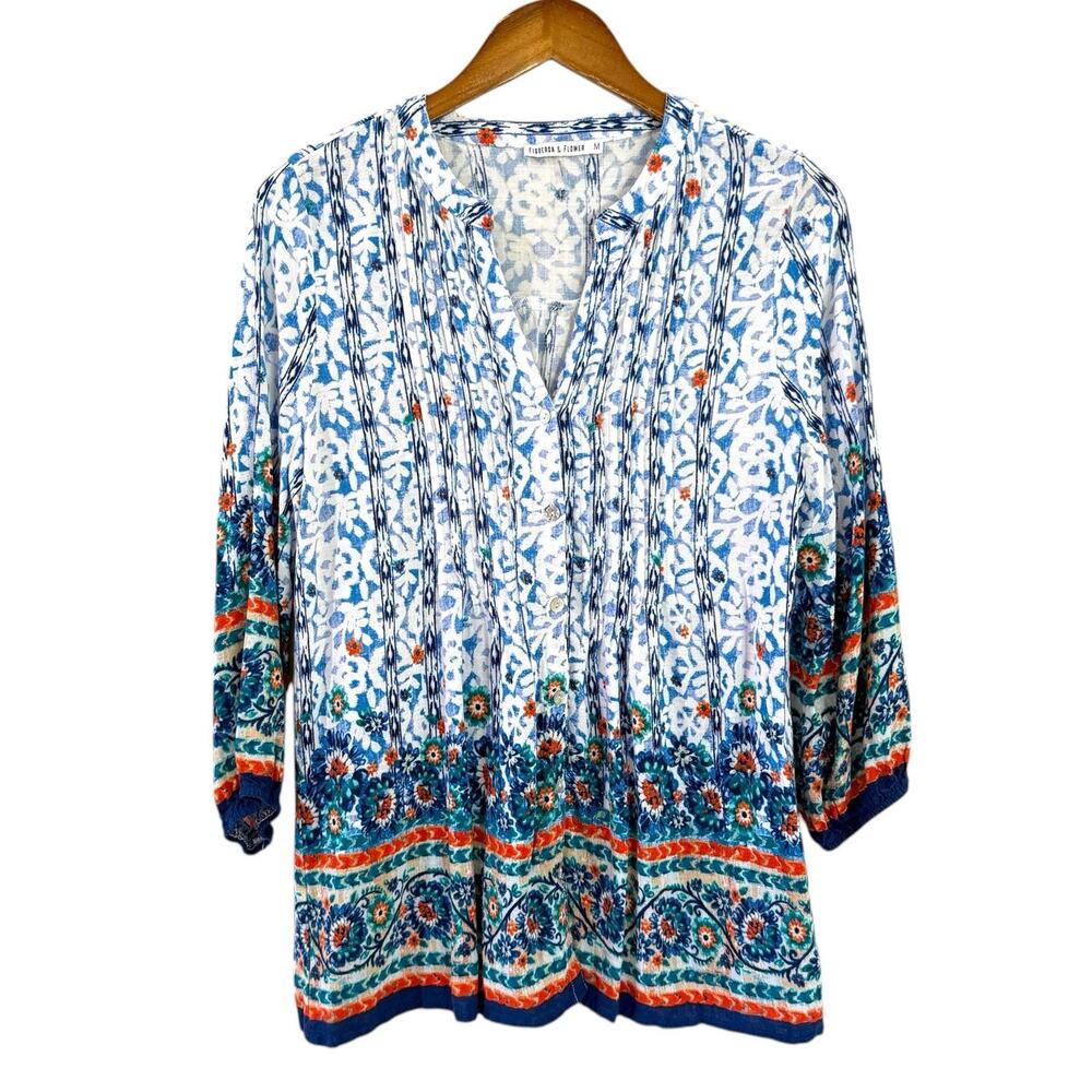 Figueroa & Flower Blue Orange Floral Pintuck Blouse M Rayon Tunic Boho Peasant